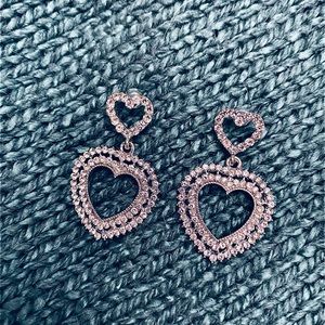 Dazzling, Dangling, Silvertone, heart shaped pierced earrings
